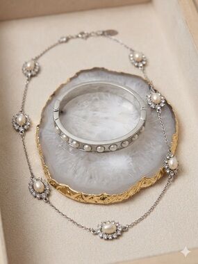 Ann Taylor Silver Tone Pearl Necklace and Hinged Bangle Bracelet Set